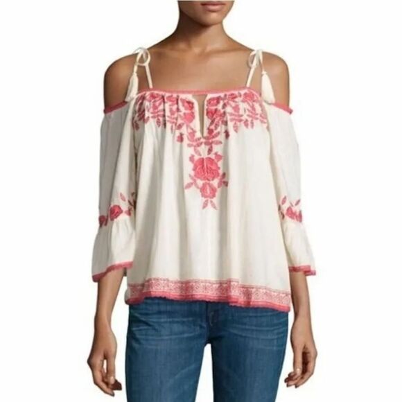 Anthropologie Love‎ Sam White Red Embroidered Cold Shoulder Boho Top Size Small - Picture 1 of 2